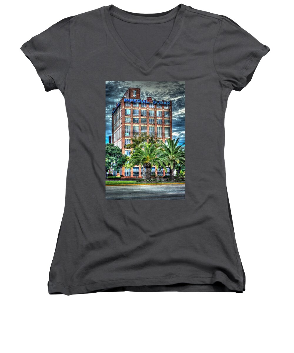 Imperial Sugar Factory Daytime Hdr Women's V-Neck featuring the photograph Imperial Sugar Factory Daytime HDR by David Morefield