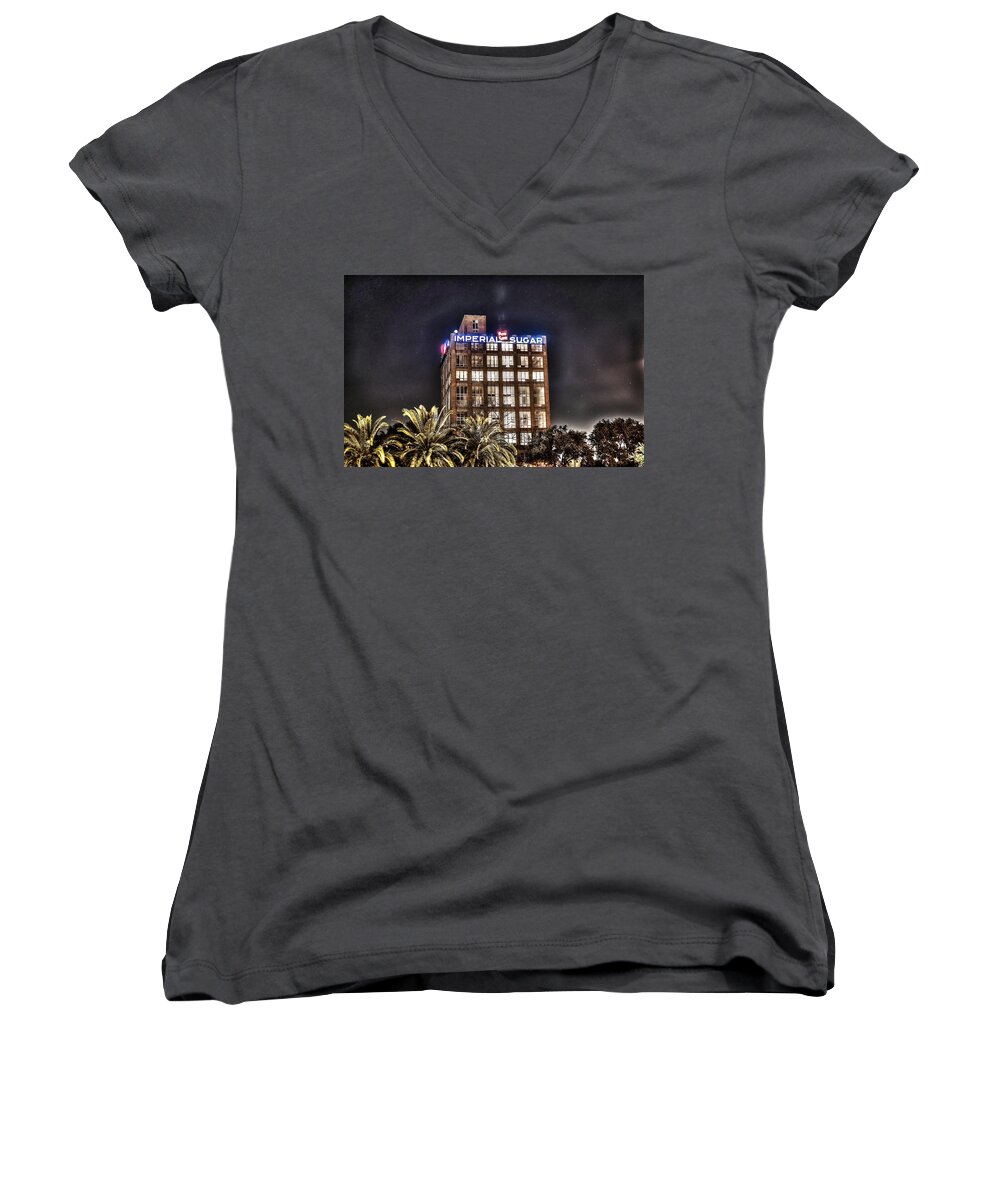 Imperial Women's V-Neck featuring the photograph Imperial Sugar Mill by David Morefield