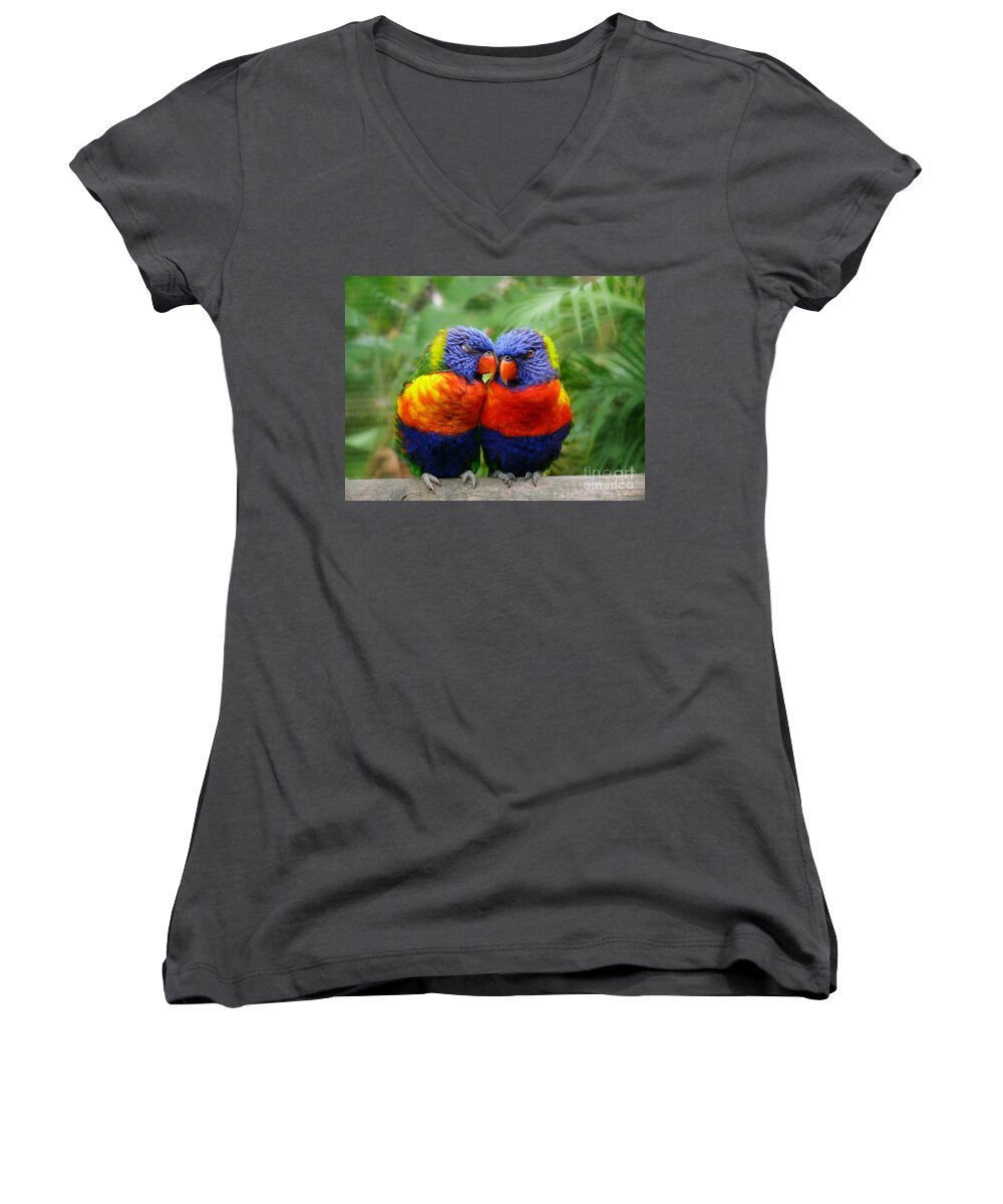 Parrots Women's V-Neck featuring the photograph In Love Lorikeets by Peggy Franz