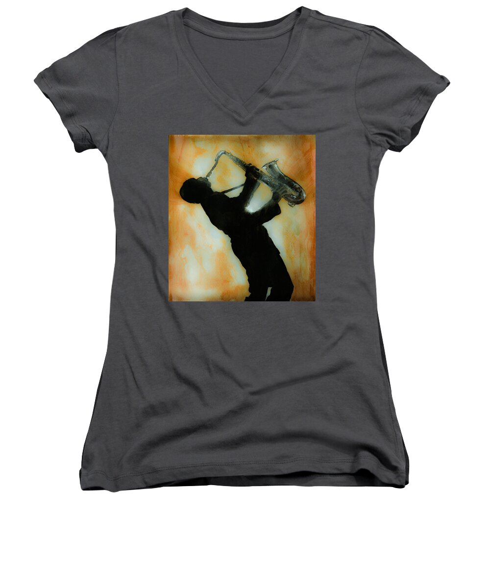 Saxophone Women's V-Neck featuring the painting In shadow... by Laur Iduc