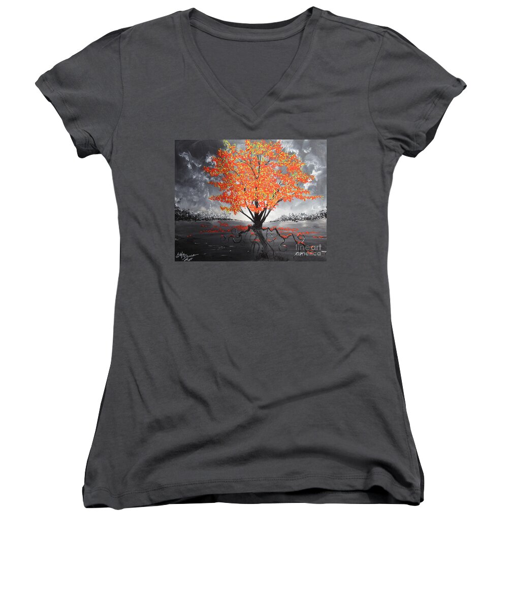 Red Tree Women's V-Neck featuring the painting Blaze In The Twilight #1 by Stefan Duncan