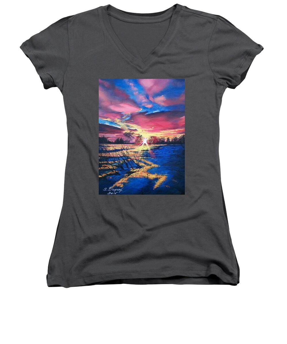 Red Sky Women's V-Neck featuring the painting In The Still of Dawn by Sharon Duguay