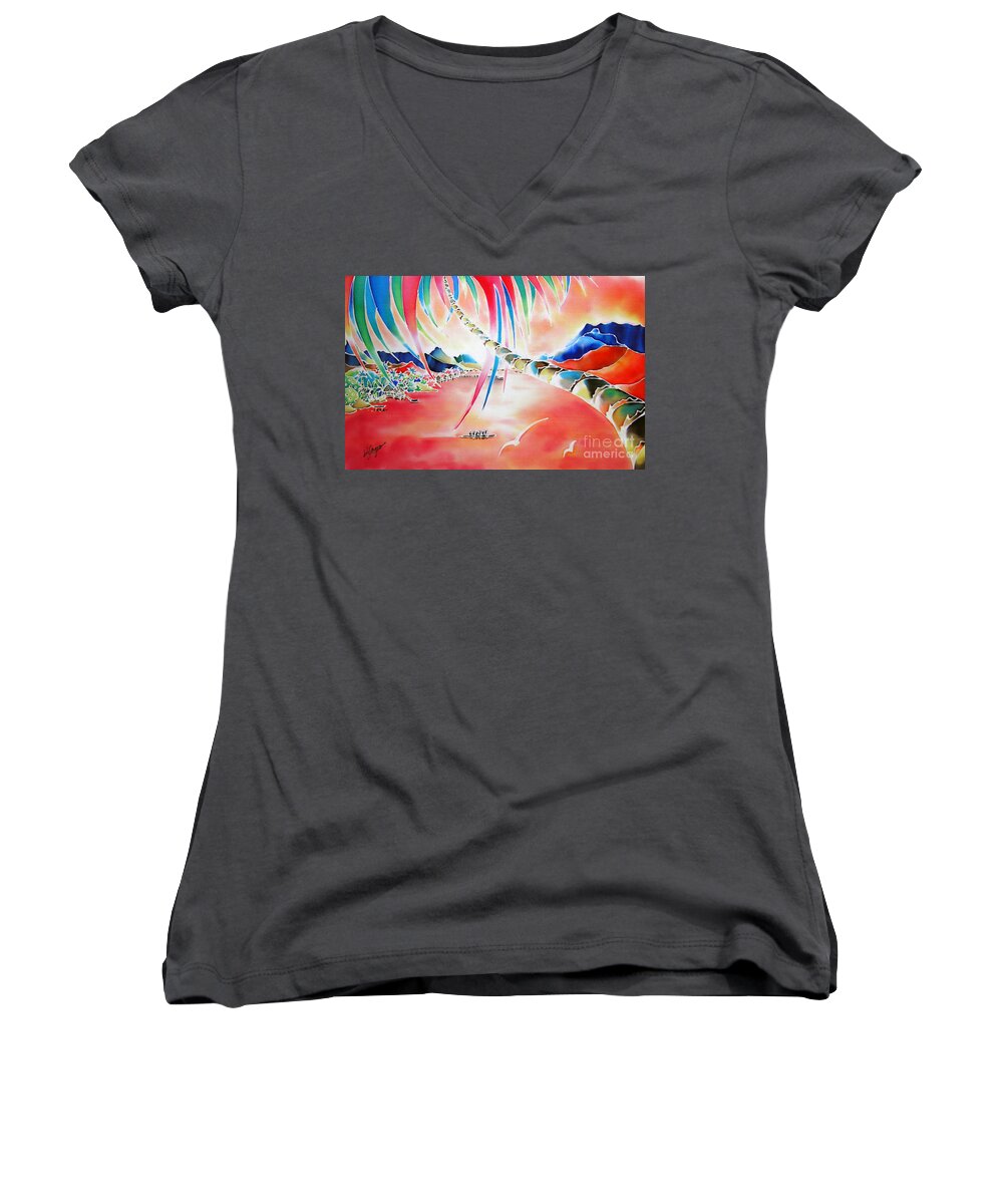 Tahiti Women's V-Neck featuring the painting In the sunset by Hisayo OHTA