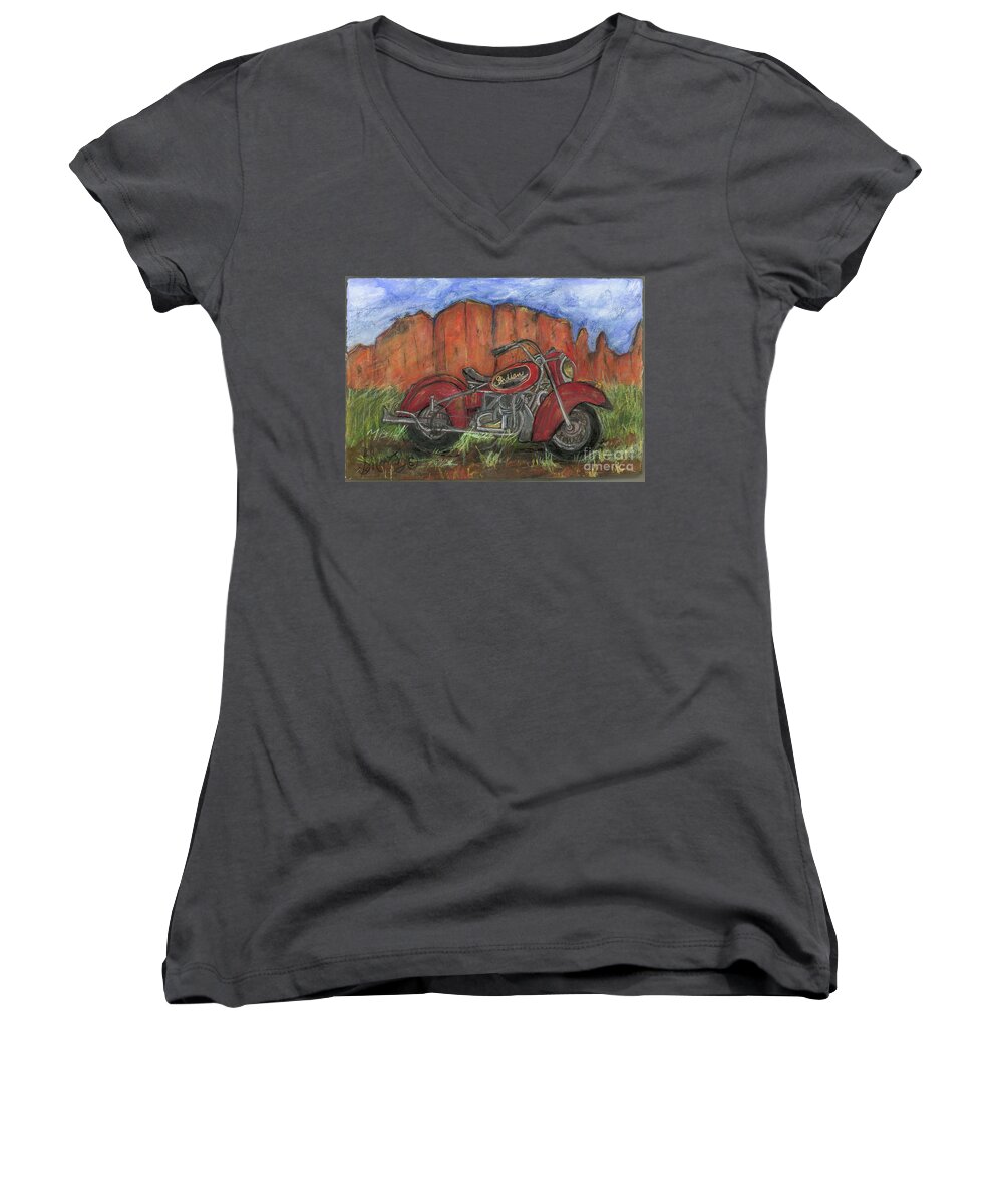 Indian Motorcycle Women's V-Neck featuring the painting Indian Summer by Sherry Harradence