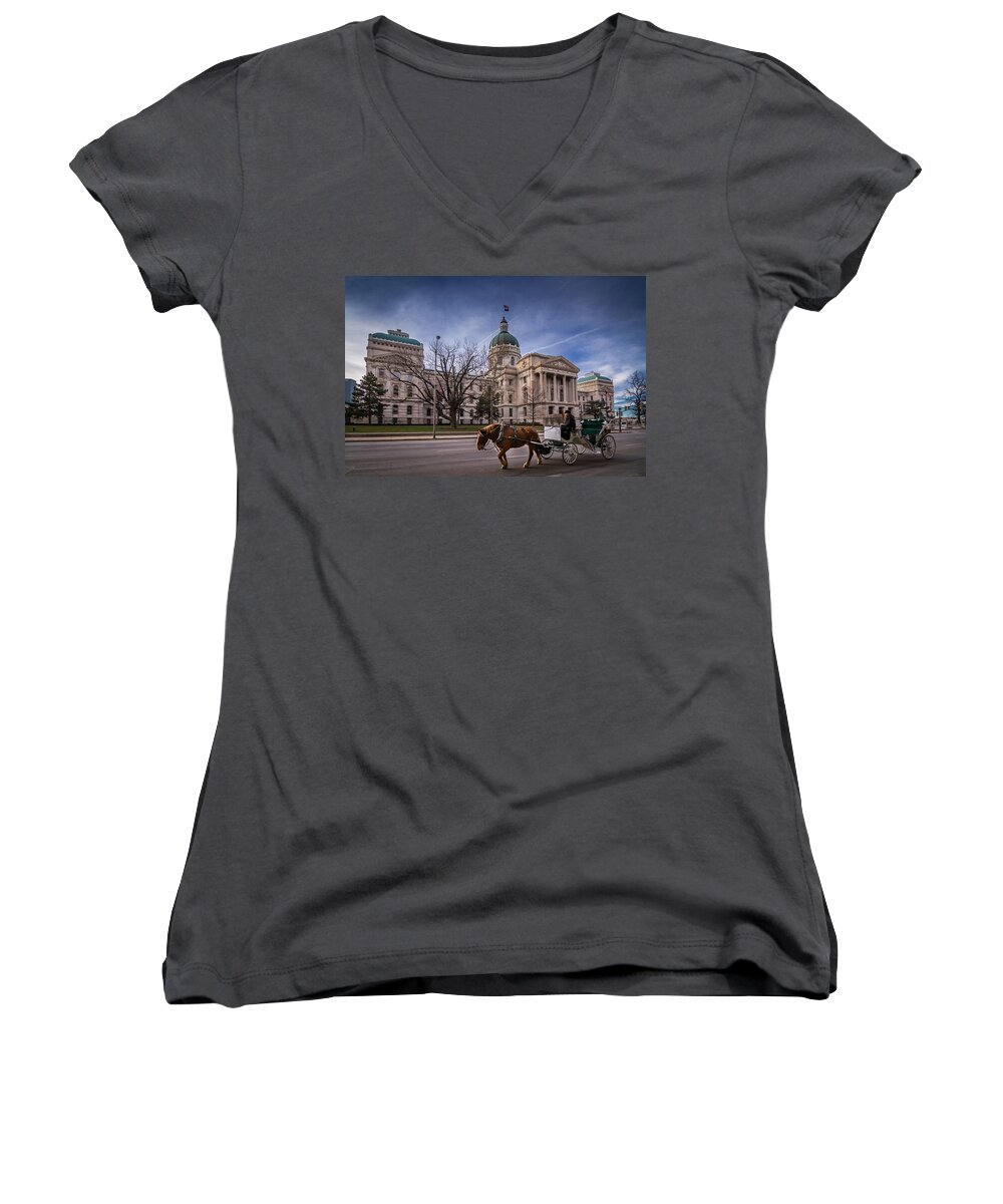 Indiana Women's V-Neck featuring the photograph Indiana Capital Building - Front with Horse Passing by Ron Pate