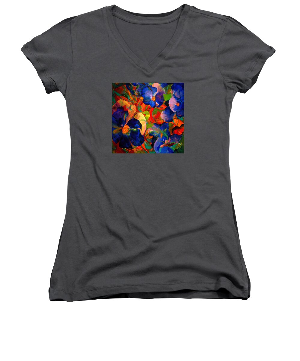 Flowers Molecular Molecules Pansies Petals Protein Chemical Protin Pollen Scales Layers Women's V-Neck featuring the painting Inner fire by Georg Douglas