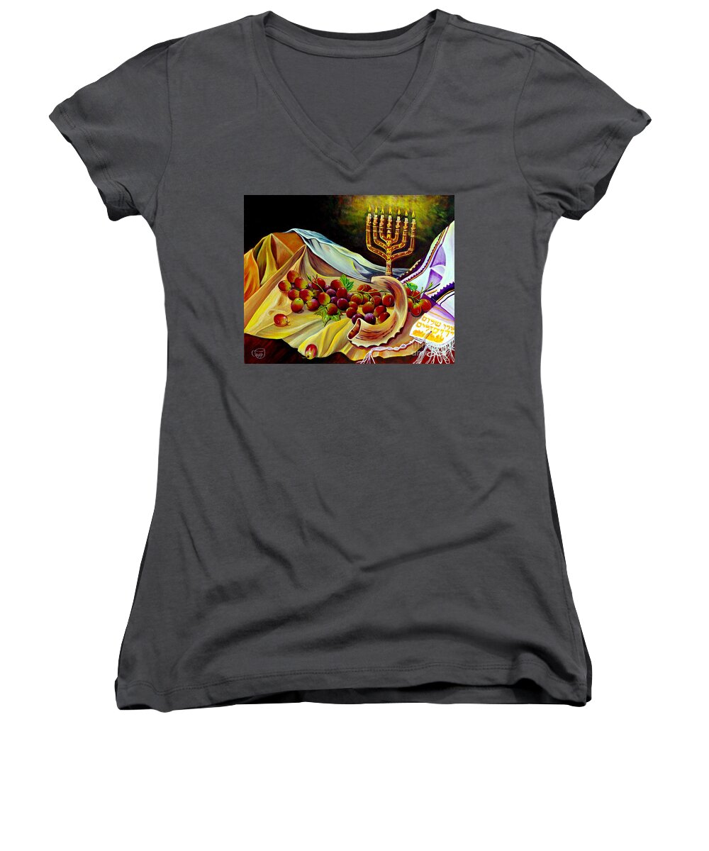 Shofar Women's V-Neck featuring the painting Intercession by Nancy Cupp
