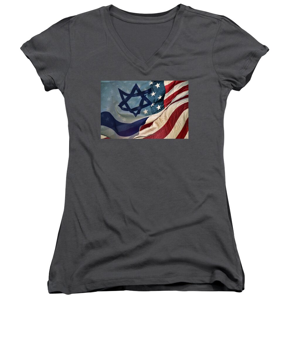 Stars And Stripes Women's V-Neck featuring the photograph Israeli American Flags by Ken Smith