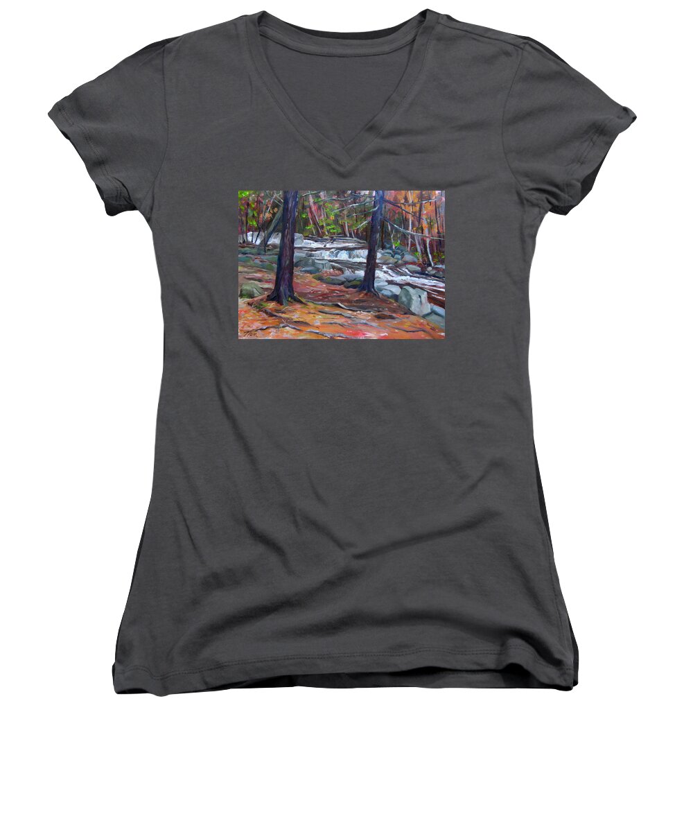 New Hampshire Women's V-Neck featuring the painting Jackson Falls Jackson New Hampshire by Nancy Griswold