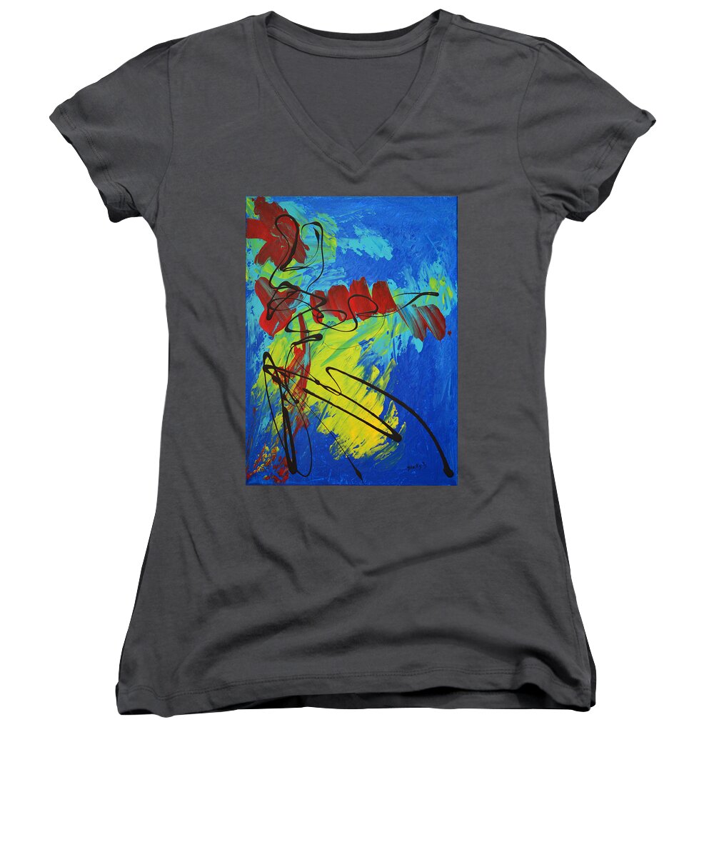 Bold Abstract Women's V-Neck featuring the painting Jazz Baby by Donna Blackhall