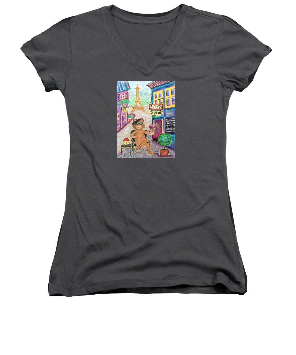 Sidewalk Cafe' Women's V-Neck featuring the painting Jazz Cat by Diane Pape