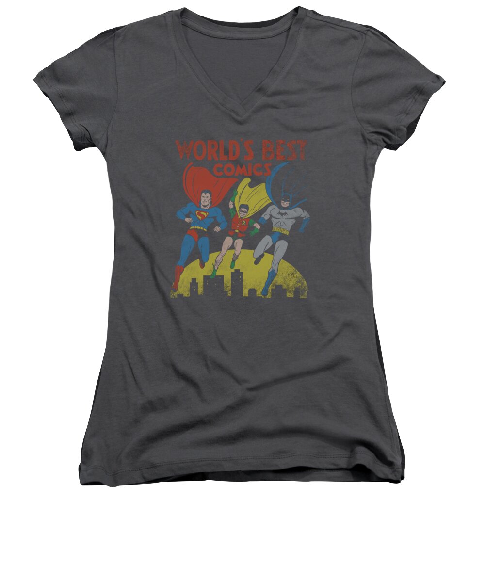 Justice League Of America Women's V-Neck featuring the digital art Jla - World's Best by Brand A