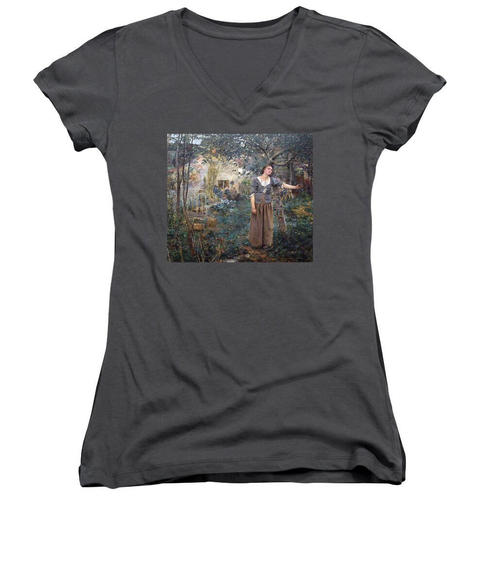 Jules Bastien-lepage Women's V-Neck featuring the painting Joan of Arc by Jules Bastien-Lepage