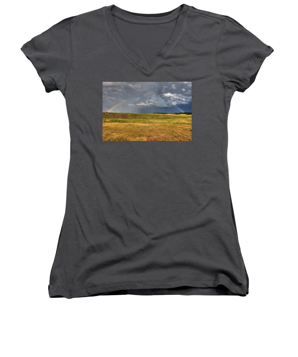 Photograph Women's V-Neck featuring the photograph John Deer at the End of the Rainbow by Richard Gehlbach