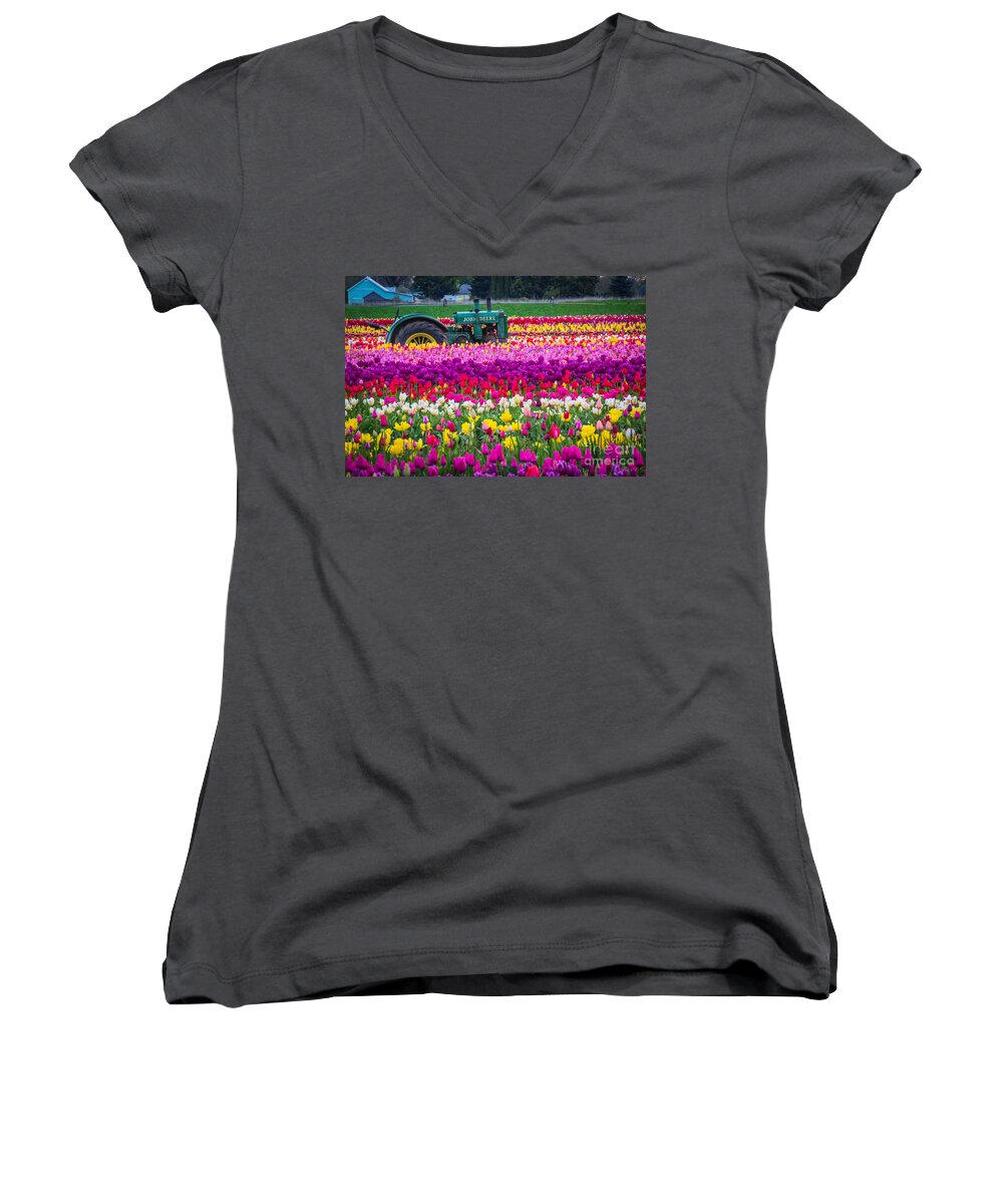 Tractor Women's V-Neck featuring the photograph John Deere in Spring by Patricia Babbitt