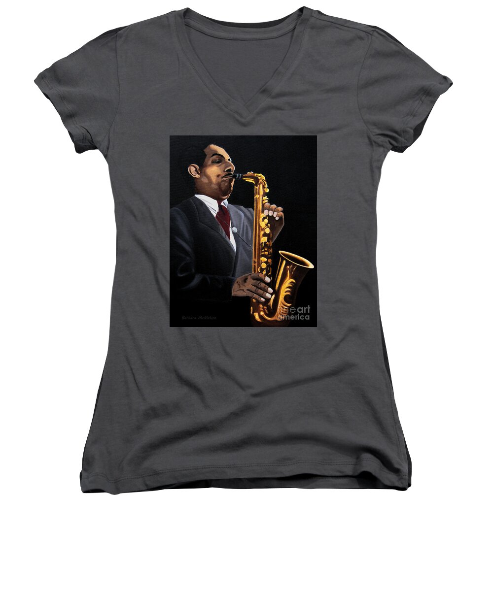 John Keith Hodges Women's V-Neck featuring the painting Johnny and the Sax by Barbara McMahon