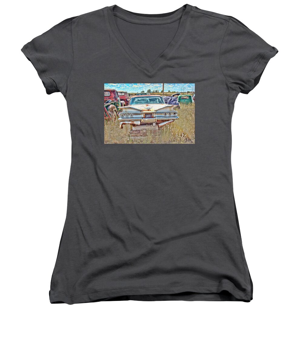 1960's Chevrolet Impala Women's V-Neck featuring the photograph Junkyard Series 1960's Chevrolet Impala by Cathy Anderson