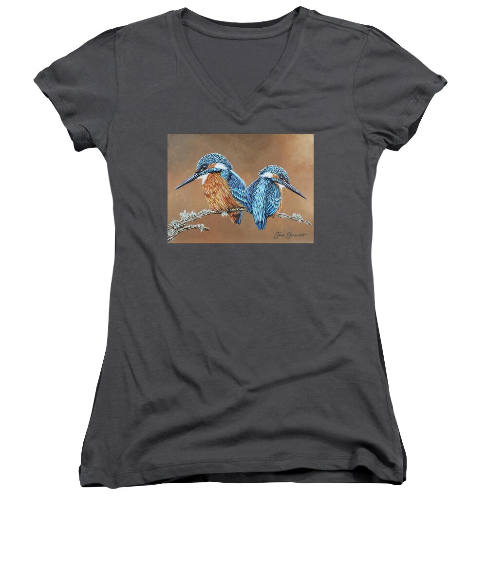 Kingfisher Women's V-Neck featuring the painting Kingfishers by Jane Girardot