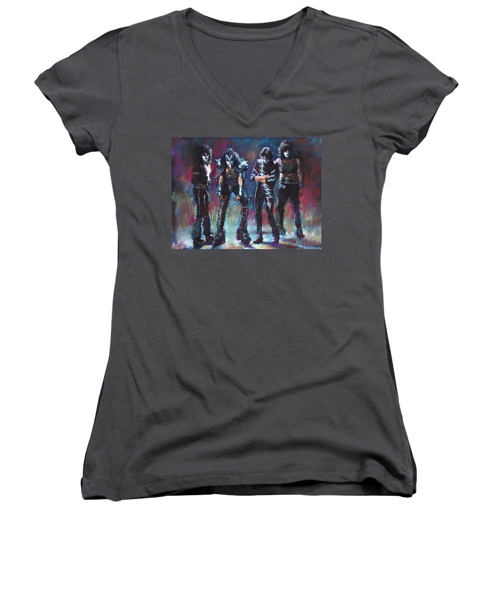 Kiss Women's V-Neck featuring the drawing Kiss by Viola El