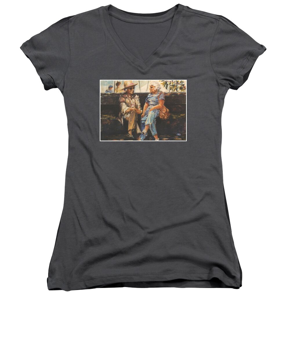 Pastel Women's V-Neck featuring the painting Ladies of Washington Square by Walter Casaravilla
