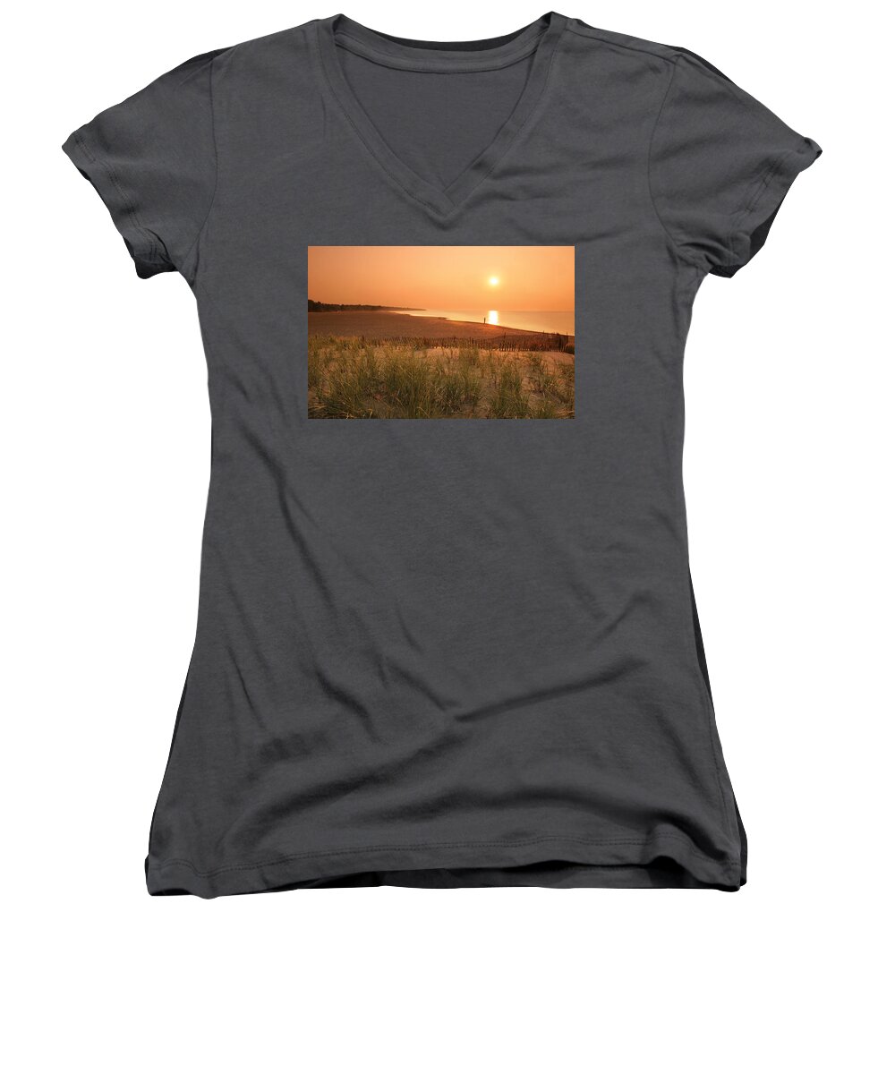 Lake Erie Women's V-Neck featuring the photograph Lake Erie Sunset by Garry McMichael