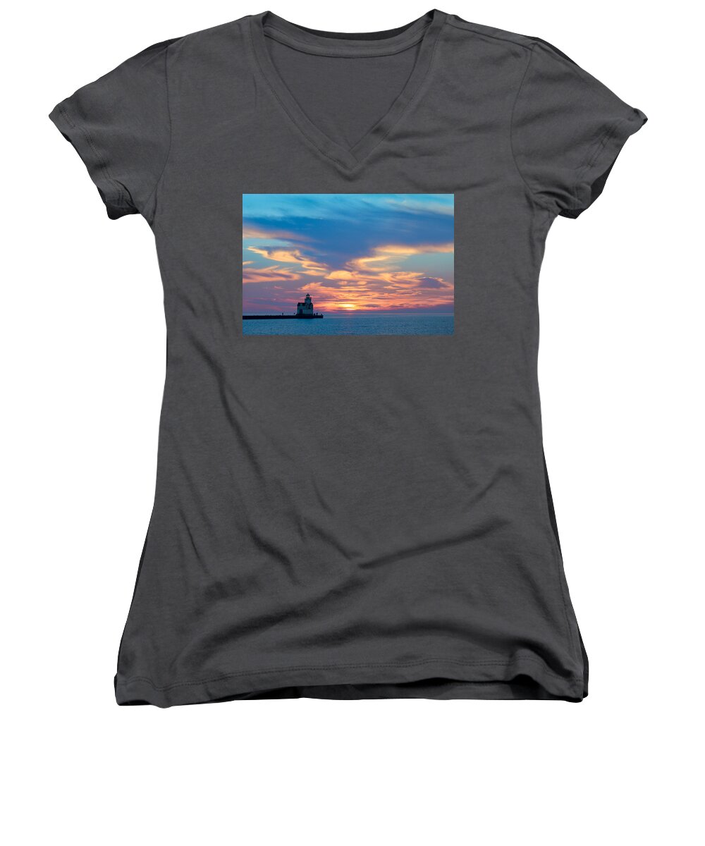Lighthouse Women's V-Neck featuring the photograph Lake Spirits Rising by Bill Pevlor