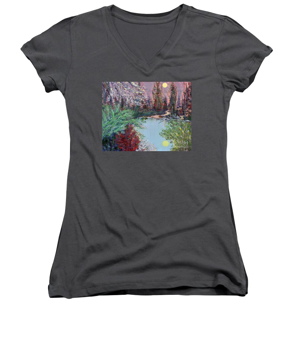 Lake Women's V-Neck featuring the painting Lake Tranquility by Alys Caviness-Gober