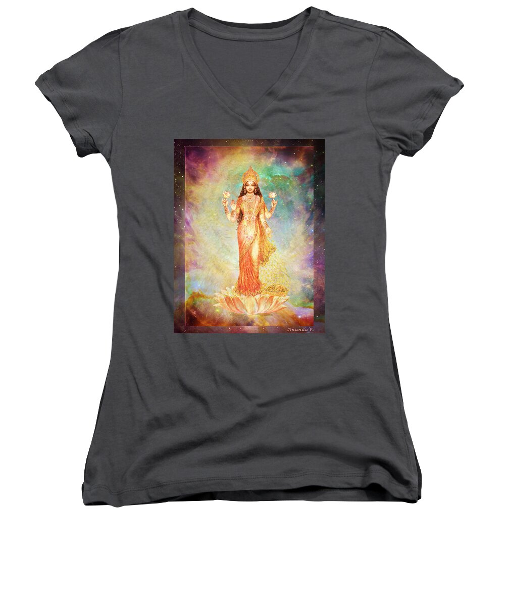 Goddess Painting Women's V-Neck featuring the mixed media Lakshmi floating in a Galaxy by Ananda Vdovic
