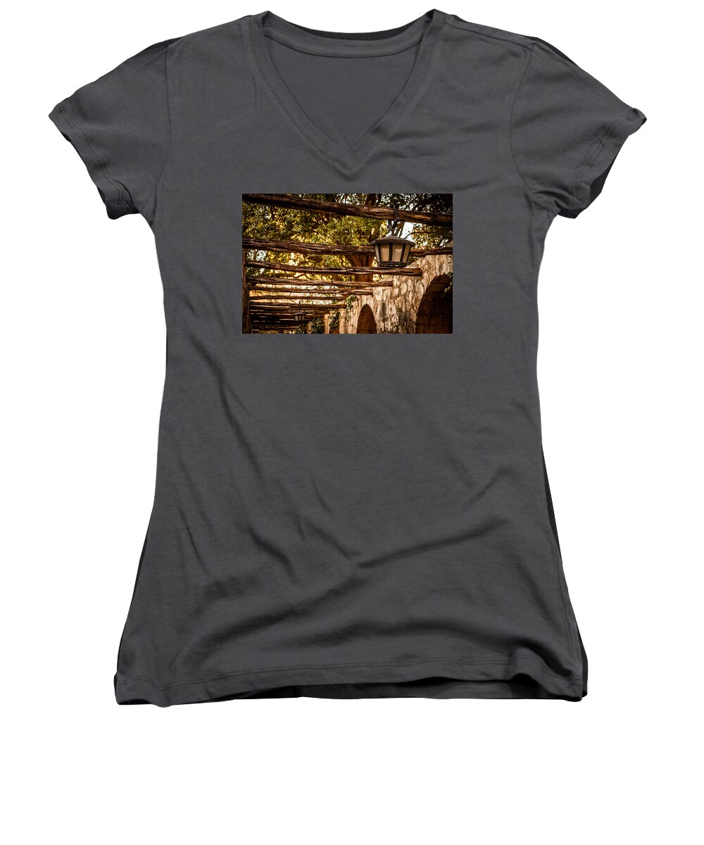 Alamo Women's V-Neck featuring the photograph Lamps at the Alamo by Melinda Ledsome