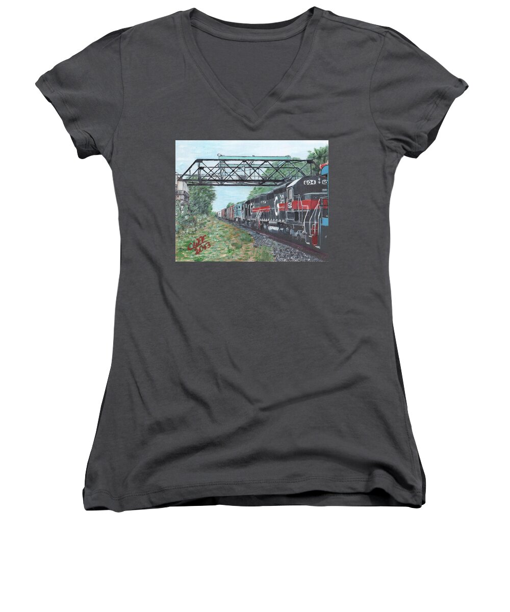 Trains Women's V-Neck featuring the painting Last Train Under the Bridge by Cliff Wilson