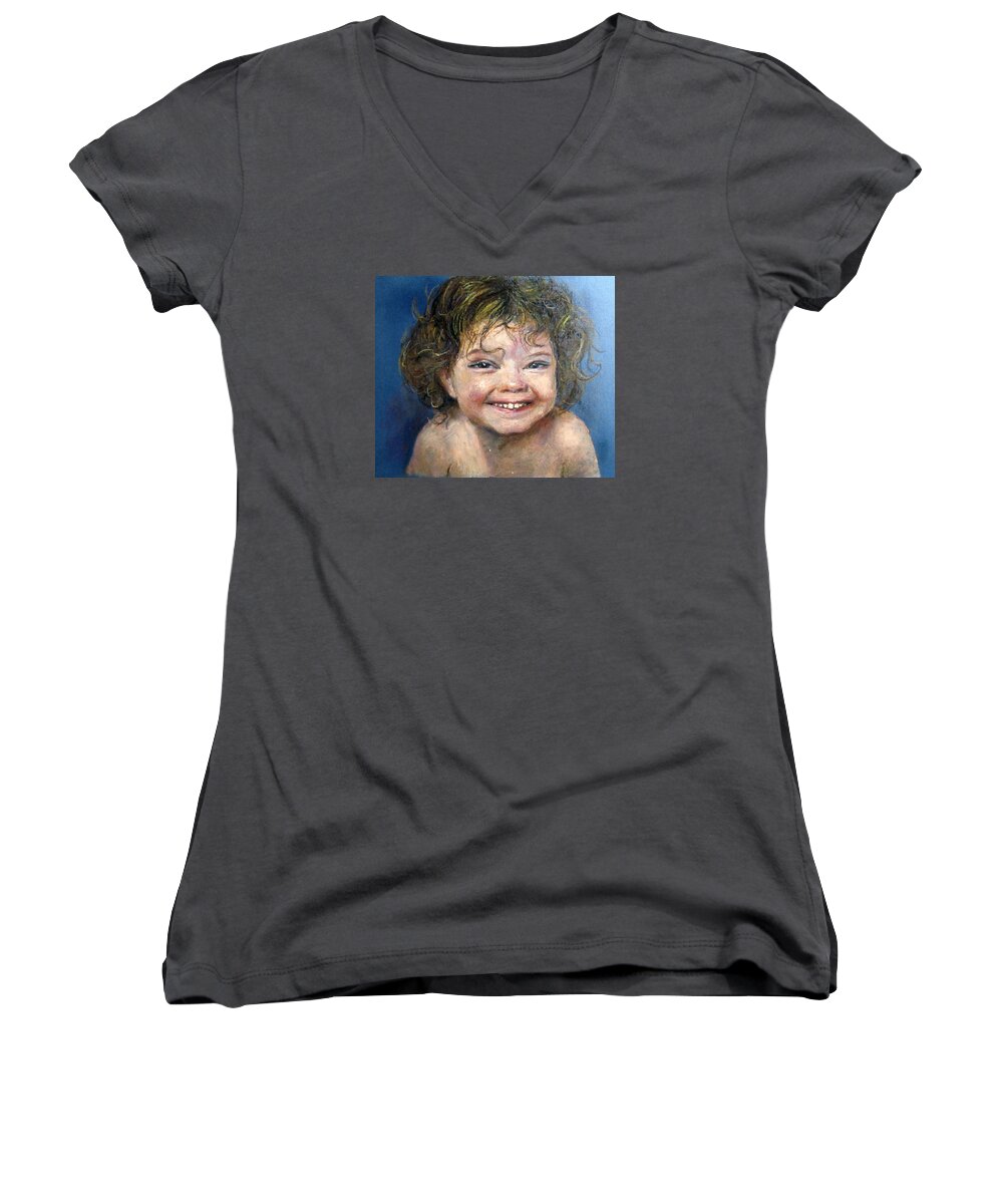 Laugh Women's V-Neck featuring the painting Giggle by Jieming Wang