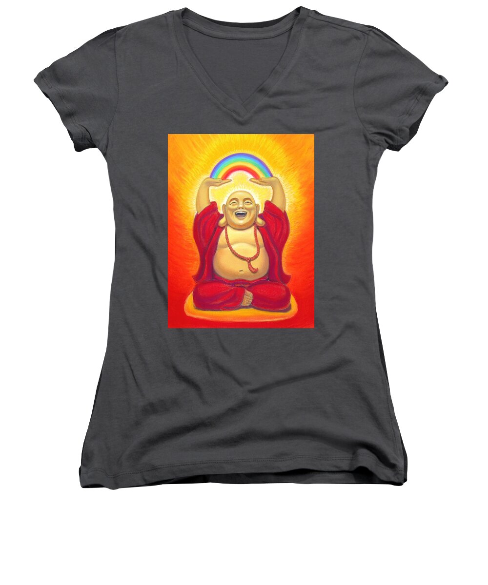 Buddha Women's V-Neck featuring the pastel Laughing Rainbow Buddha by Sue Halstenberg