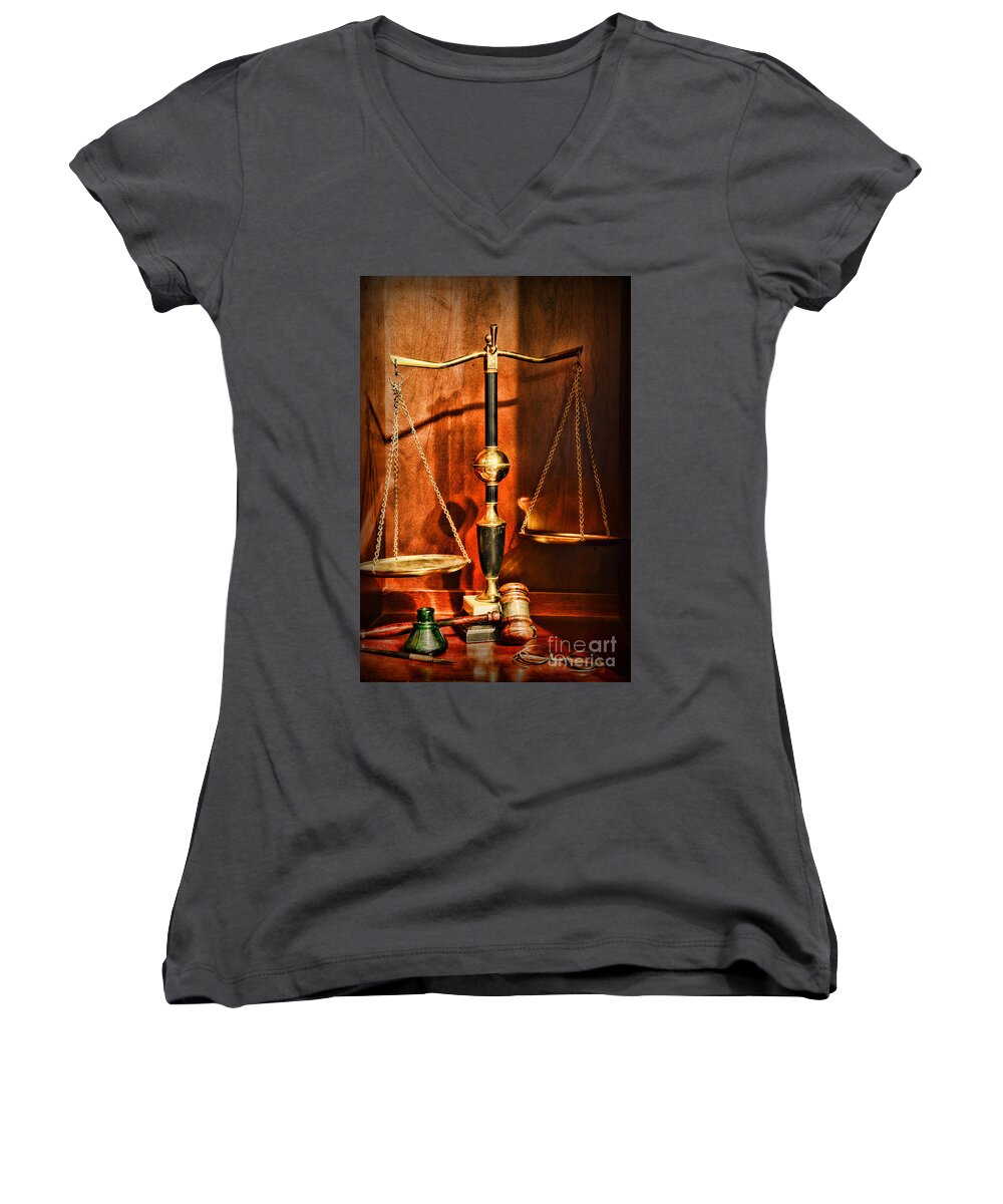 Paul Ward Women's V-Neck featuring the photograph Lawyer - Scales of Justice by Paul Ward