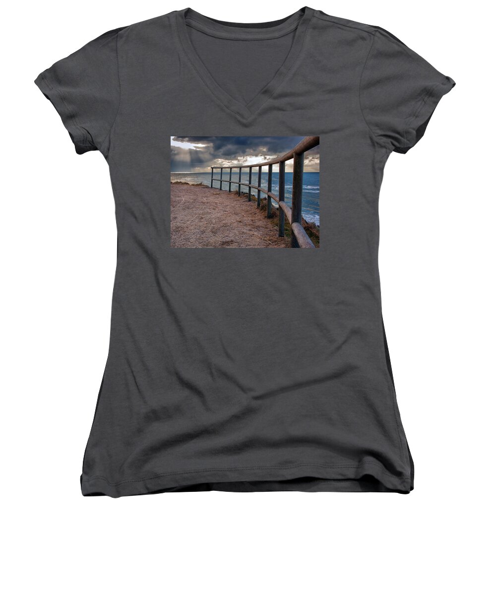Landscape Women's V-Neck featuring the photograph Rail by the seaside by Mike Santis