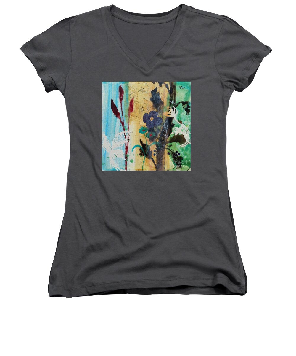 Leaf Women's V-Neck featuring the painting Leaf Flower Berry by Robin Pedrero