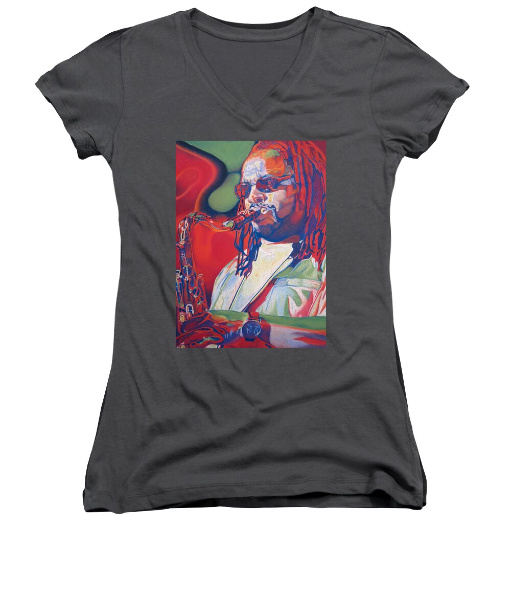Leroi Moore Women's V-Neck featuring the drawing Leroi Moore Colorful Full Band Series by Joshua Morton