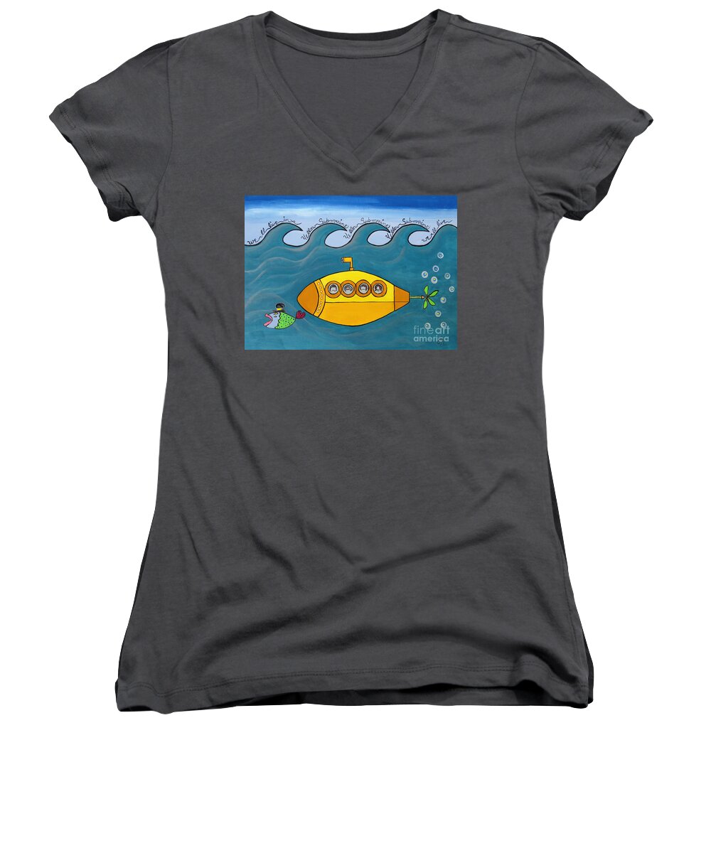 The Beatles Women's V-Neck featuring the painting Lets Sing The Chorus Now - the Beatles Yellow Submarine by Ella Kaye Dickey