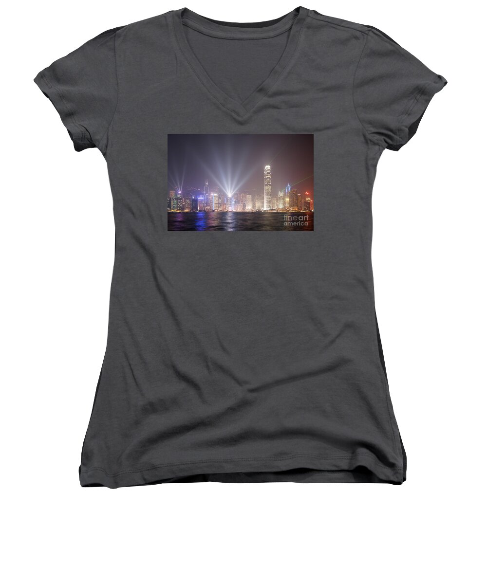 Architecture Women's V-Neck featuring the photograph Light show in Hong Kong by Matteo Colombo