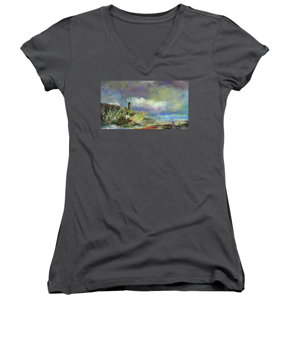 Art Women's V-Neck featuring the painting Lighthouse and fisherman by Julianne Felton