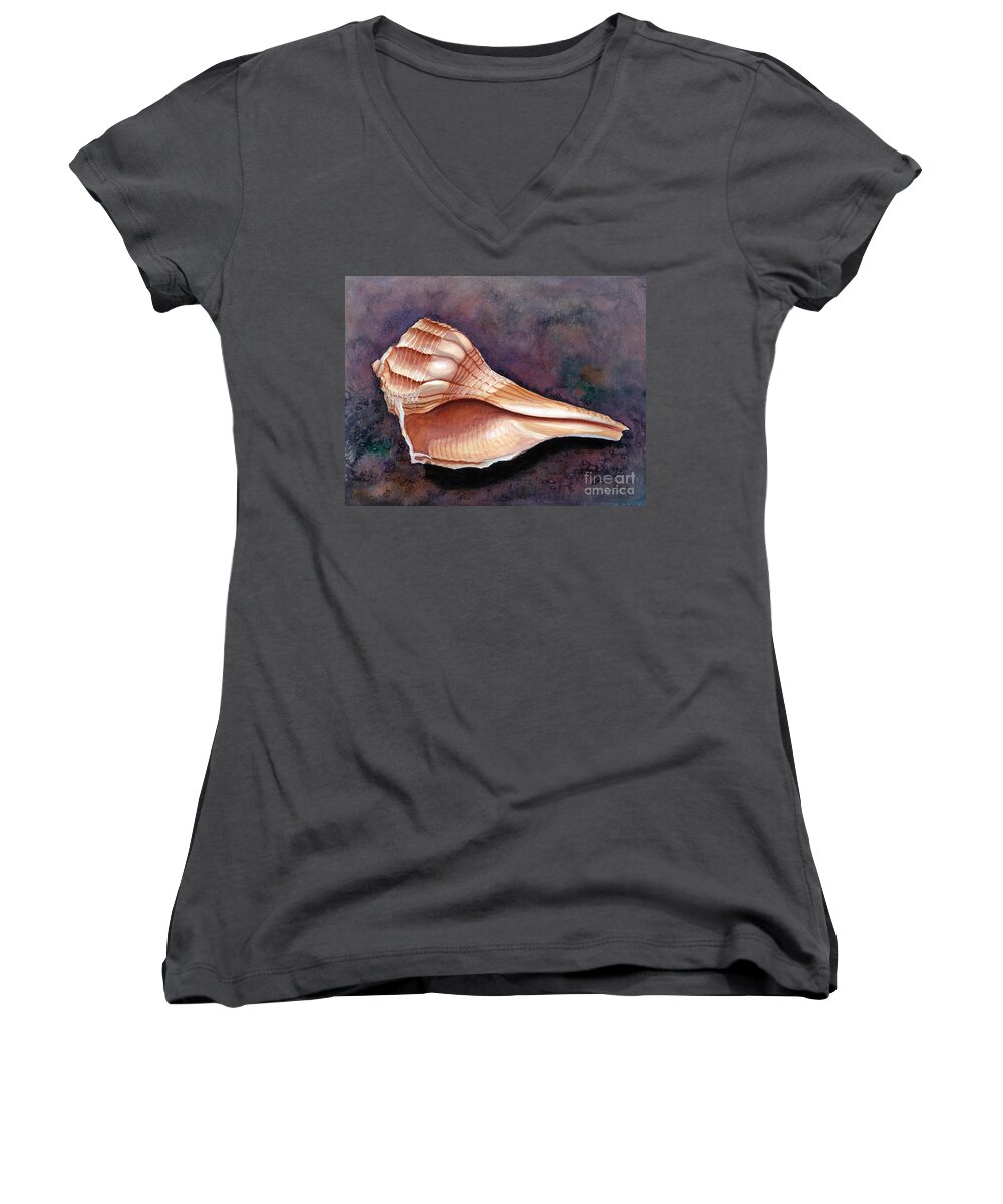 Shell Women's V-Neck featuring the painting Lightning Whelk by Barbara Jewell