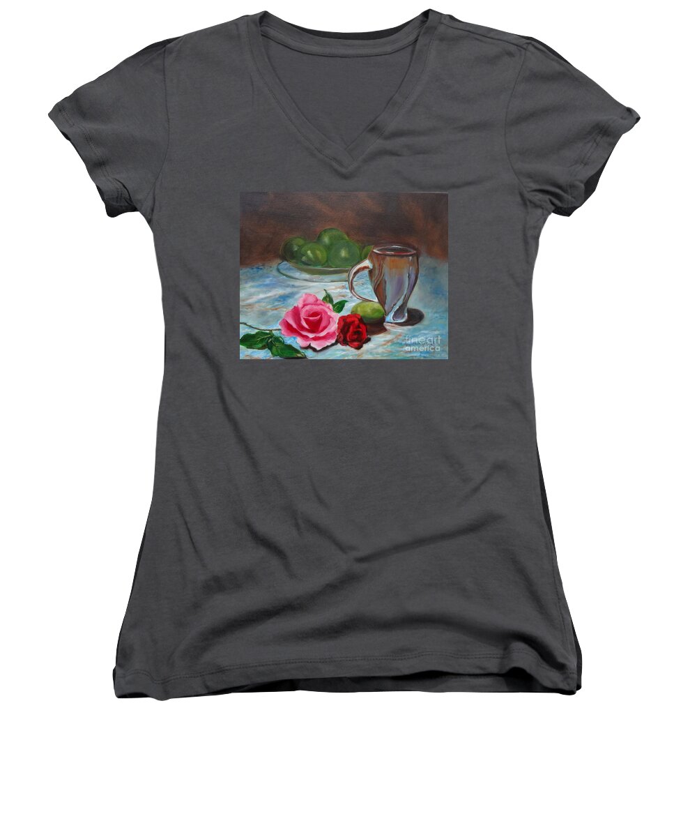 Pink Roses Women's V-Neck featuring the painting Limes and Roses by Jenny Lee