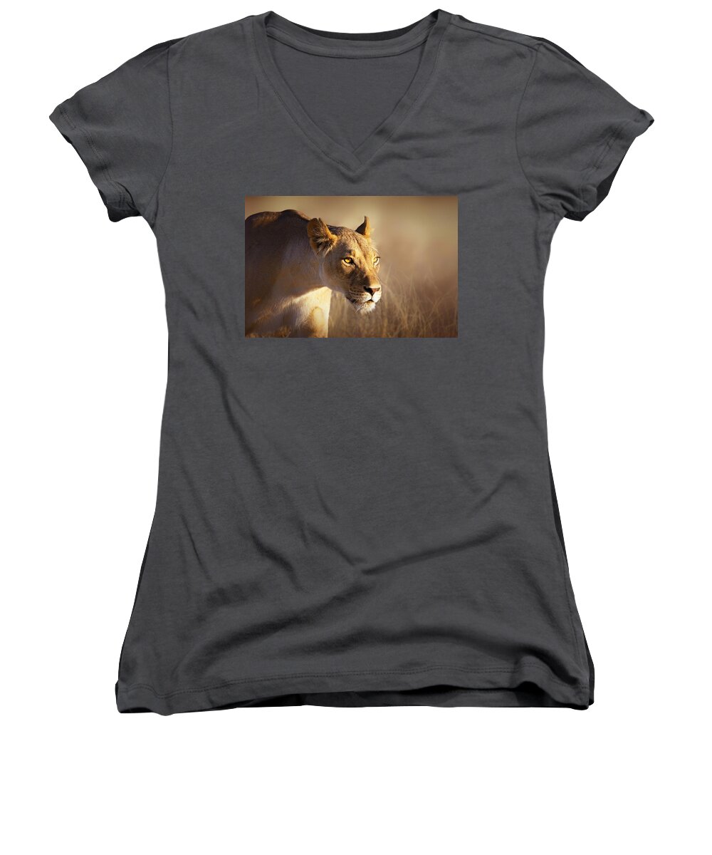#faatoppicks Women's V-Neck featuring the photograph Lioness portrait-1 by Johan Swanepoel