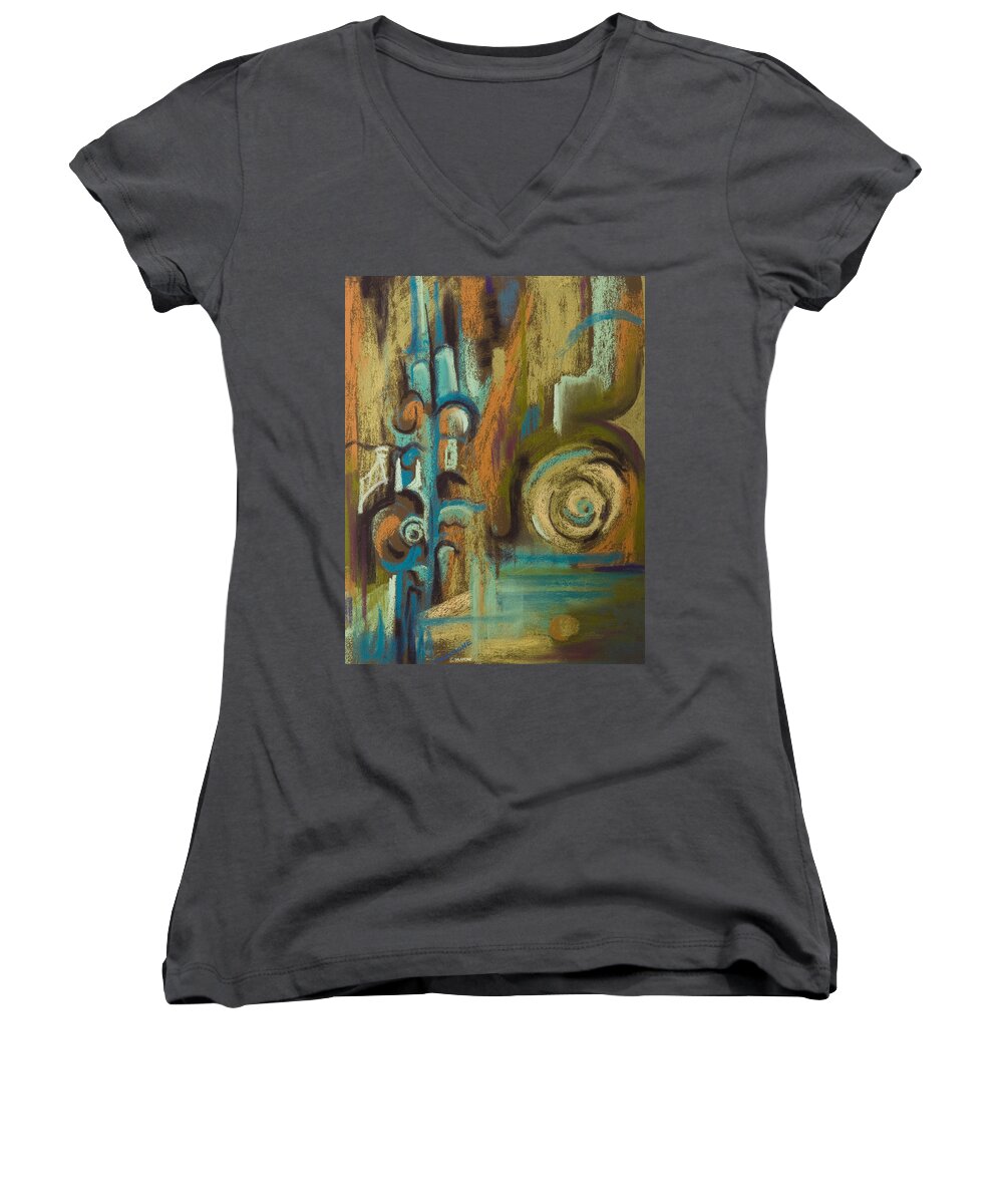 Abstract Muted Colors Turquoise Aqua Gold Orange Olive Spirals Orbs 60's Groovy Mid-century Modern Mad Men Women's V-Neck featuring the pastel L'italiano by Brenda Salamone