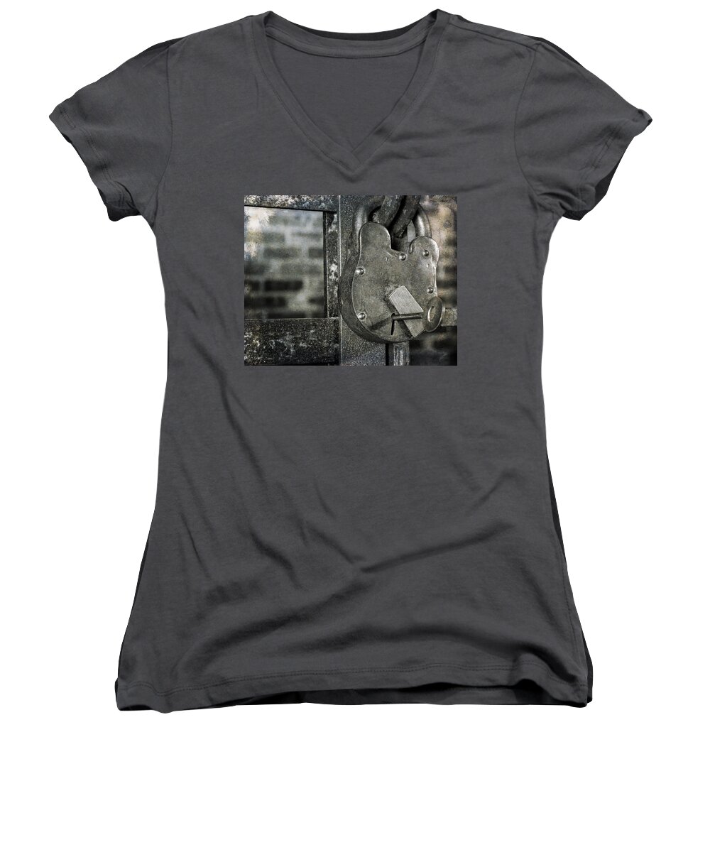 Jail Women's V-Neck featuring the photograph Lock and Key by Jeff Mize