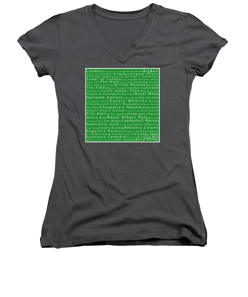 Cities Women's V-Neck featuring the photograph London in Words Green by Sabine Jacobs