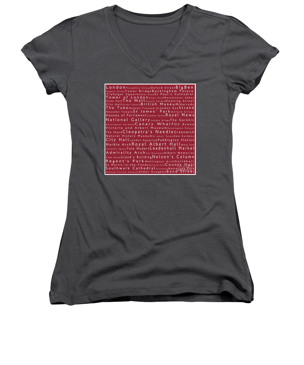 Cities Women's V-Neck featuring the photograph London in Words Red by Sabine Jacobs