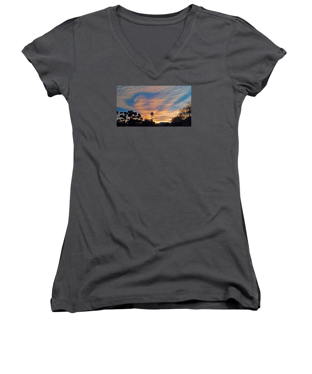 Morning Sky Women's V-Neck featuring the photograph Lone Sentry Morning Sky by Jay Milo