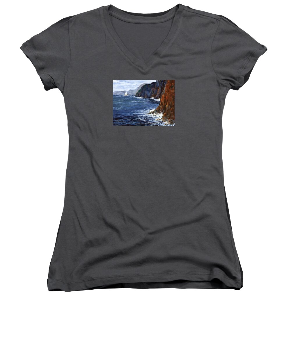 Landscape Women's V-Neck featuring the painting Lonely Schooner by Mary Palmer