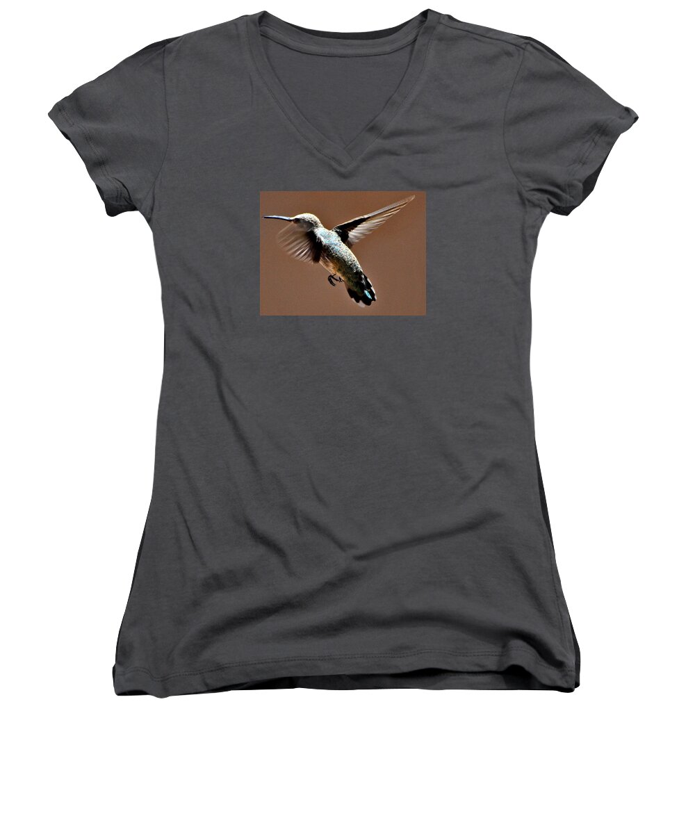 Hummigbird Women's V-Neck featuring the photograph Look At My Crazy Crows Feet by Jay Milo