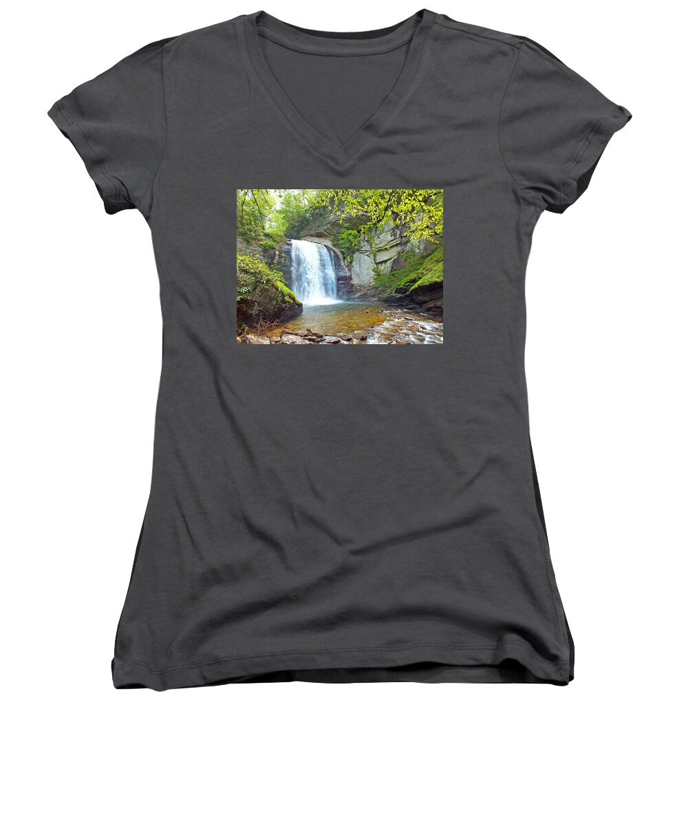 Duane Mccullough Women's V-Neck featuring the photograph Looking Glass Waterfall in the Spring 2 by Duane McCullough